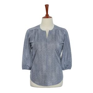 Womens Silky Blouse Blue Floral Chiffon 3/4 Sleeve V-Neck Loose Casual Top Large